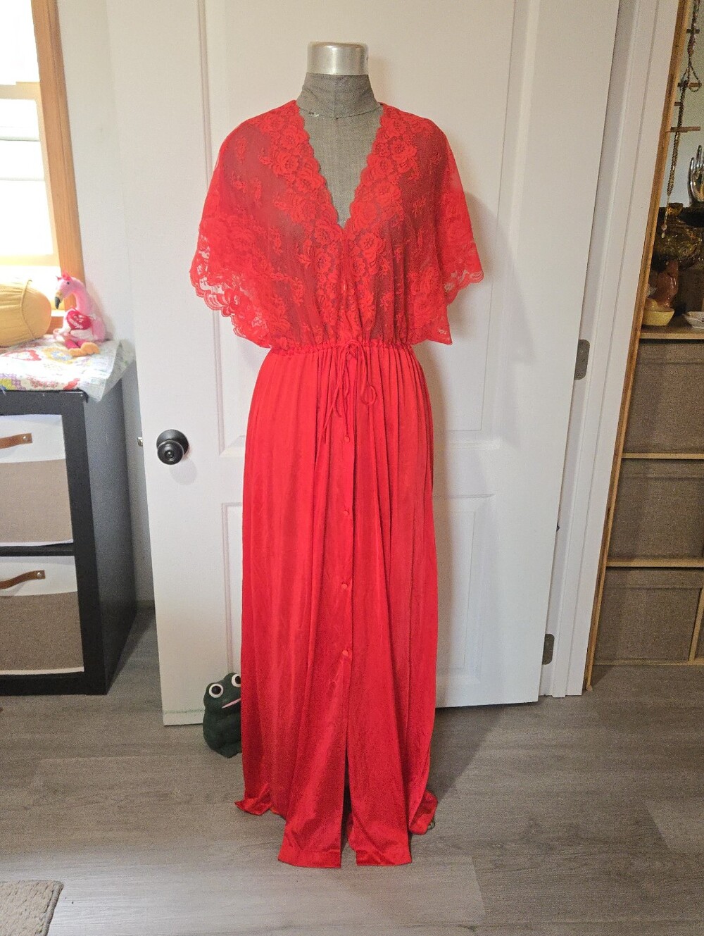 Vintage Deena Red Lace Nylon Maxi Nightgown, SIZE Large